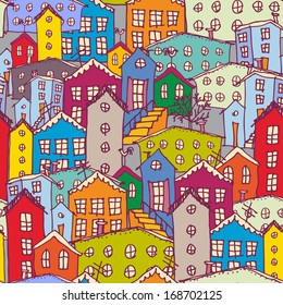 Cityscape seamless pattern. Sketch. orange, blue, purple. vector