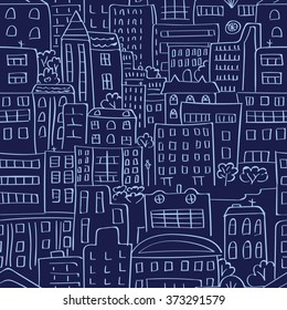 Cityscape seamless pattern. Vector repeating background with abstract city buildings. Doodle night landscape for your design. 