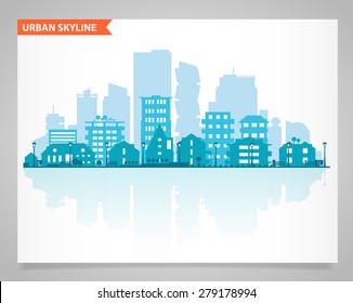 Cityscape set with various parts of a city: small towns or suburbs and downtown silhouettes