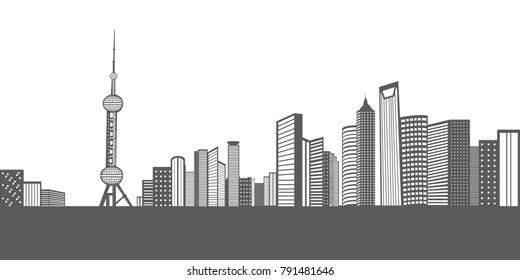 Cityscape of Shanghai on a white background, Vector illustration