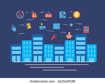 cityscape with shopping online technology vector illustration design