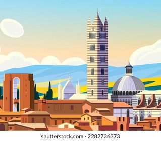 Stadtlandschaft von Siena mit der Kathedrale. Vektorgrafik einer handgefertigten Zeichnung. Kann für Poster, Banner, Postkarten, Bücher usw. verwendet werden. 