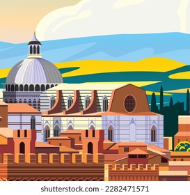 Cityscape of Siena with Tuscany fields in the background. Vector illustration of a handmade drawing. Can be used for posters, banners, postcards, books, etc.