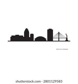 Cityscape silhouette against a white background featuring Wichita Kansas landmarks