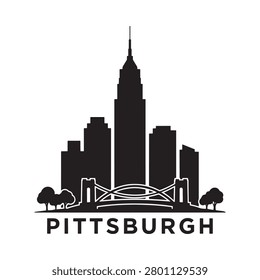 Cityscape Silhouette With Bridge And Trees On White Background