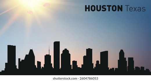Cityscape, silhouette of the city of Houston, Texas on the background of the sunset.