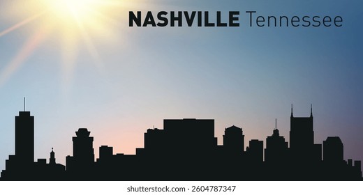 Cityscape, silhouette of the city of Nashville, Tennessee on the background of the sunset.