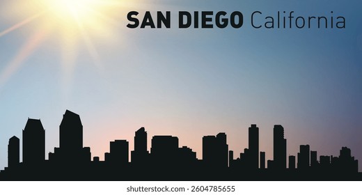 Cityscape, silhouette of the city of San Diego, California on the background of the sunset.