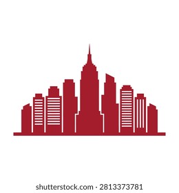 A cityscape silhouette featuring a prominent skyscraper among other buildings