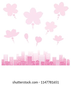 Cityscape of the silhouette and flower of a cherry tree