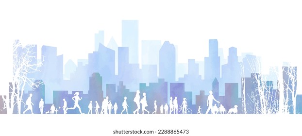 Cityscape with silhouette group of people in various activities