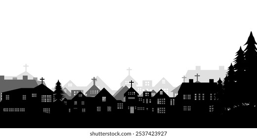 cityscape silhouette illustration with church, residential black silhouette,city silhouette landscape border banner.christmas holiday background silhouette concept.white background