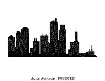 Cityscape silhouette. Monochrome panoramic view. Modern urban landscape. Horizontal urban night town. City building silhouette