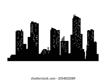 Cityscape silhouette. Monochrome panoramic view. Modern urban landscape. Horizontal urban night town. City building silhouette