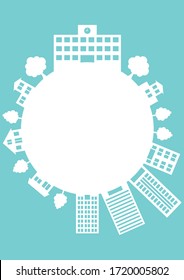 cityscape silhouette round frame, house and school and office and sky and tree town