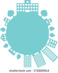 cityscape silhouette round frame, house and school and office and sky and tree town