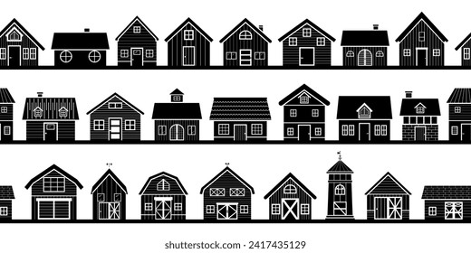 Cityscape silhouette with simple shops, barn farm and houses border seamless. horizontal banner
