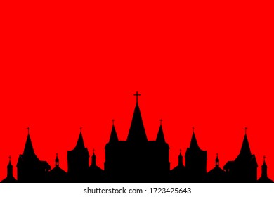 Cityscape silhouette with spires on churches. crosses on the top of cathedral. dramatic architecture