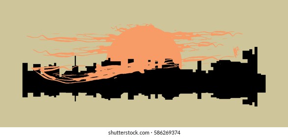 cityscape silhouette and sun paint vector illustration