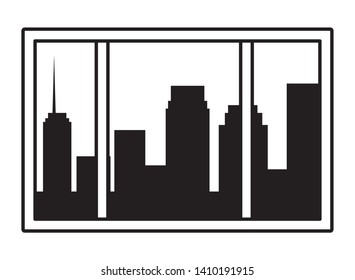 cityscape silhouette through the window icon cartoon black and white vector illustration graphic design