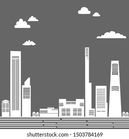 Cityscape silhouette vector illustration,downtown landscape with high skyscrapers, black and white 
