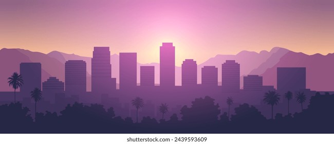 Cityscape with silhouettes of tall skyscrapers, office buildings, palm trees and mountains at sunset. Panoramic landscape of the metropolis. Silhouettes of a modern city. Vector illustration.