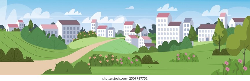 Cityscape in simple minimal geometric flat style. Horizontal spring summer landscape with buildings, house, trees, flowers, hill, field. Cityscape panorama. Flat vector illustration. Not AI generated