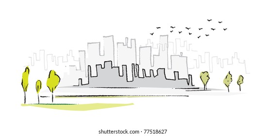 cityscape, simple symbolic drawing, vector