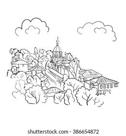 Cityscape sketch. Doodle vector illustration of town. 