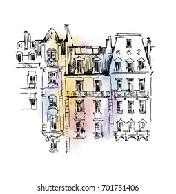 Cityscape sketch. Urban view on watercolor background. Street facades.