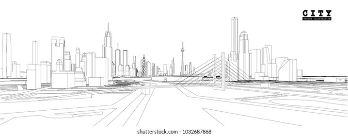 Esbozo de Cityscape, Esbozo vectorial. Arquitectura - Ilustración