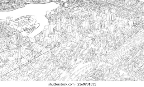 Cityscape Sketch. Vector rendering of 3d. Wire-frame style. Urban Architecture Concept