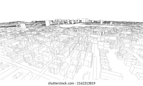 Cityscape Sketch. Vector rendering of 3d. Wire-frame style. Urban Architecture Concept