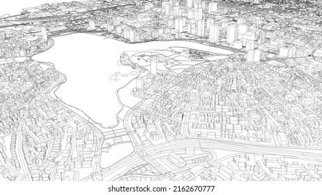 Esbozo de Cityscape. Representación vectorial de 3d. Estilo de marco de cables. Concepto de arquitectura urbana