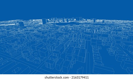 Stadtbild-Skizze. Vektorgrafik von 3d. Wire-Frame-Stil. Städtisches Architekturkonzept