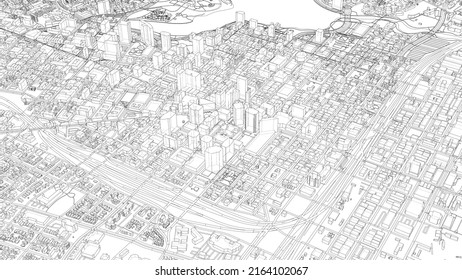 Cityscape Sketch. Vector rendering of 3d. Wire-frame style. Urban Architecture Concept