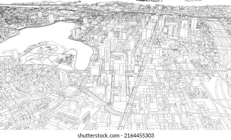 Cityscape Sketch. Vector rendering of 3d. Wire-frame style. Urban Architecture Concept