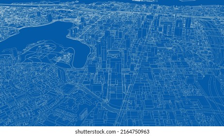 Cityscape Sketch. Vector rendering of 3d. Wire-frame style. Urban Architecture Concept