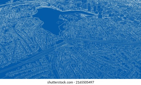 Cityscape Sketch. Vector rendering of 3d. Wire-frame style. Urban Architecture Concept