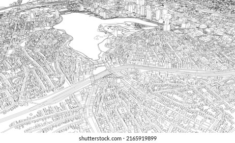 Cityscape Sketch. Vector rendering of 3d. Wire-frame style. Urban Architecture Concept