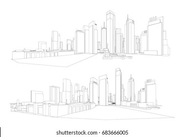 Cityscape Sketch, Vector Sketch. Urban Architecture - Illustration