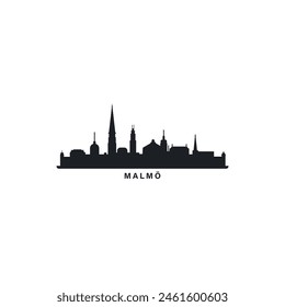 Paisaje urbano de Malmö horizonte ciudad panorama Vector plano moderno logo icono. Horizonte de emblema de la ciudad de Suecia con Lugares famosos y siluetas de construcción. Gráfico de Clipart negro simple aislado