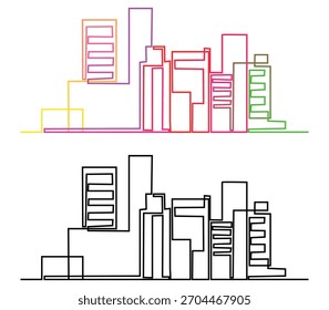 Horizonte urbano con estilo de dibujo de línea continua en Colores vibrantes y paisaje Urbana con esquema monocromático