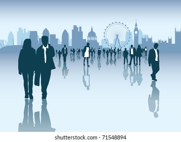 Cityscape and skyline with crowds of business and normal people walking outside