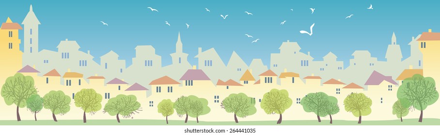 Cityscape skyline.  Panorama of the big city. Urban background with city Park.  Summer time