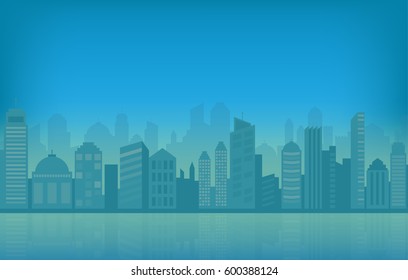 Cityscape and skyline vector illustration with blue urban buildings and silhouette.