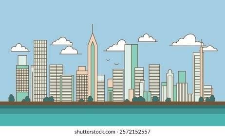 Cityscape Skyscrapers Architecture Building Landscape with Lake River in Bright Sky