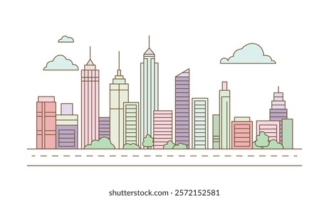 Cityscape Skyscrapers Architecture Building Landscape in Colorful Filled Line Art Design