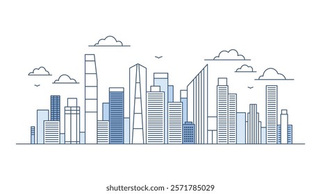 Cityscape Skyscrapers Building Landscape in City Town with Line Outline Design Style