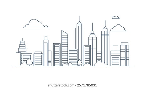 Cityscape Skyscrapers Building Landscape in City Town with Line Outline Design Style